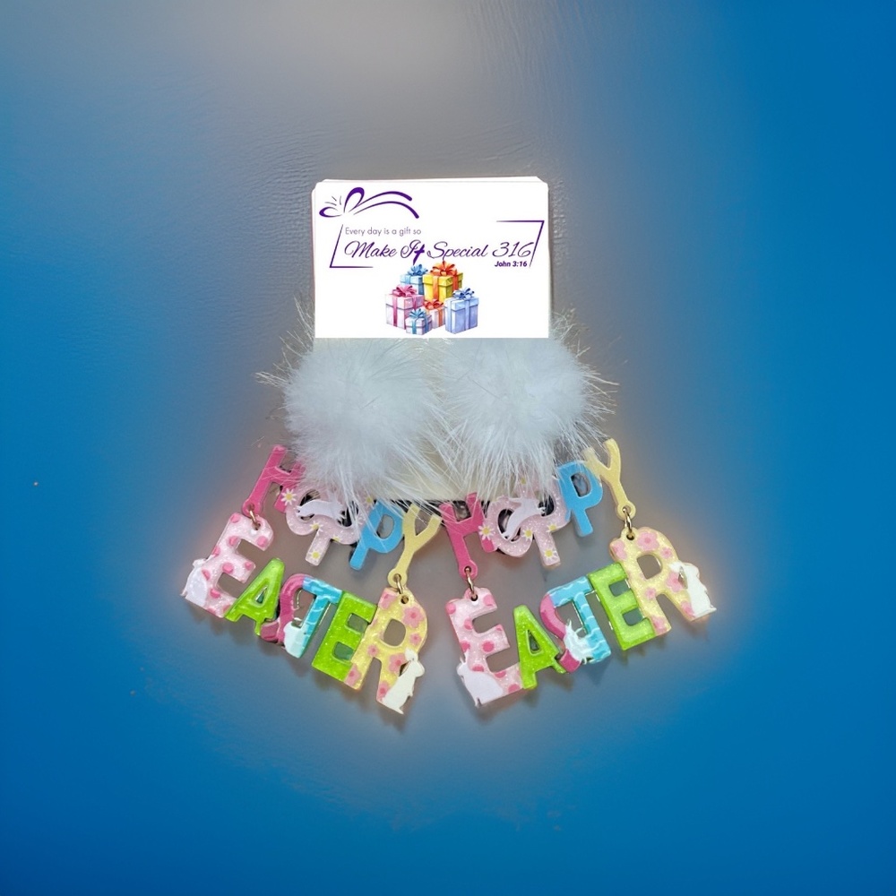 Hoppy Easter Acrylic Multicolored Earrings with Fluffy Fur Bunny Tail